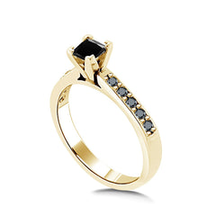 Cathedral Black Princess Diamond Accent Engagement Ring in Yellow Gold