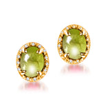 4.20 ctw Cabochon Oval Green Peridot & Diamond Stud Style Earring in 14K Gold with Push Back - Yellow Gold