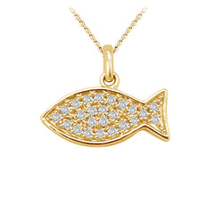 Pave Fish Dainty White Diamond Pendant in Yellow Gold