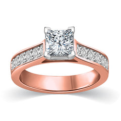 Cathedral Princess Cut White Diamond with Pave Accent White Diamonds Engagement Ring in Rose Gold