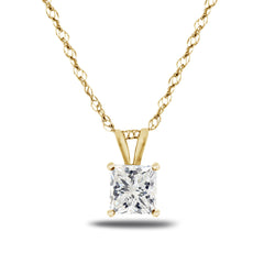 Natural Princess Cut White Diamond Solitaire Pendant Necklaces in Yellow Gold