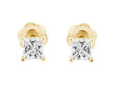 Natural Princess Cut White Diamond Stud earrings in Yellow Gold