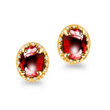 Glitz Design Cabochon Garnet Oval & Diamond Stud Style Earrings in 14k Gold with Push back - Yellow Gold