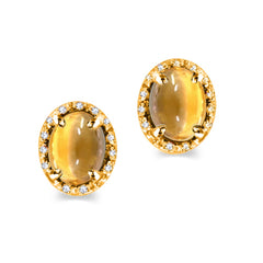 Yellow Citrine & Diamond Cabochon Stud Earring In Yellow Gold