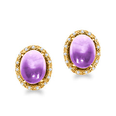 Amethyst & Diamond Cabochon Stud Earring In Yellow Gold